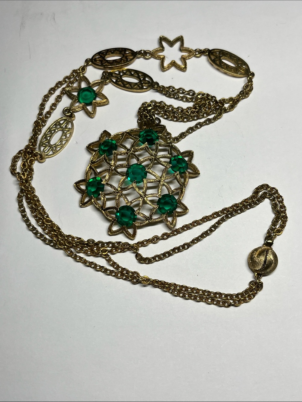 Gold-Tone Floral Filigree Necklace with Emerald Green Stones